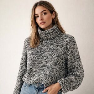 DKNY Vintage Heathered Black Lambswool Chunky Knit Turtleneck Sweater‎ Sz. L
